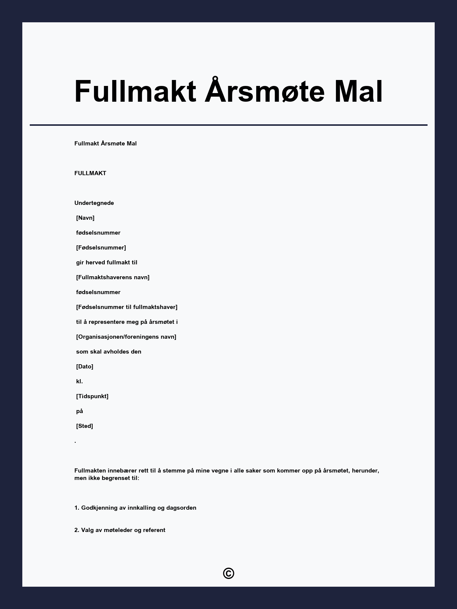 Fullmakt Årsmøte Mal