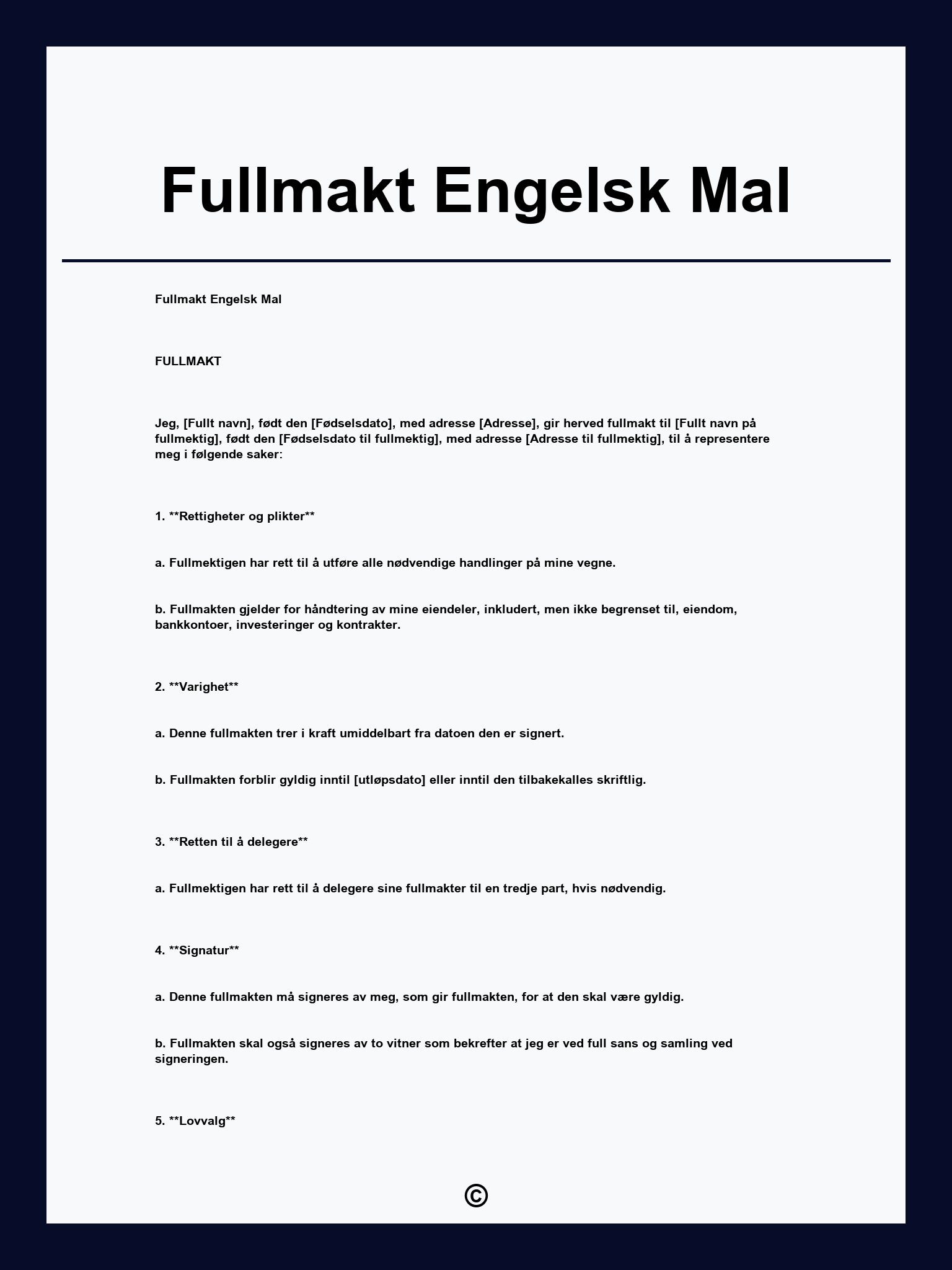 Fullmakt Engelsk Mal