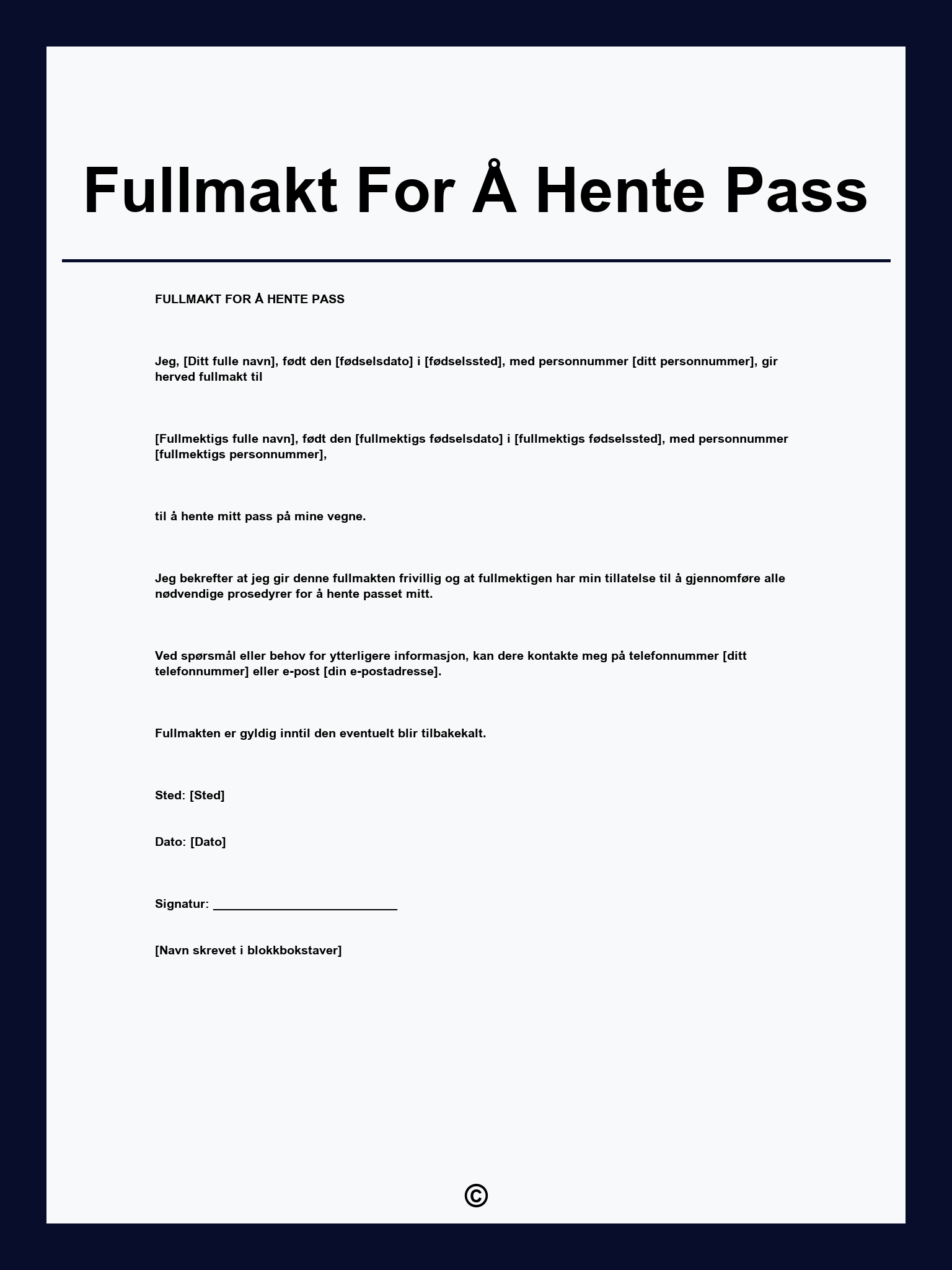 Fullmakt For Å Hente Pass