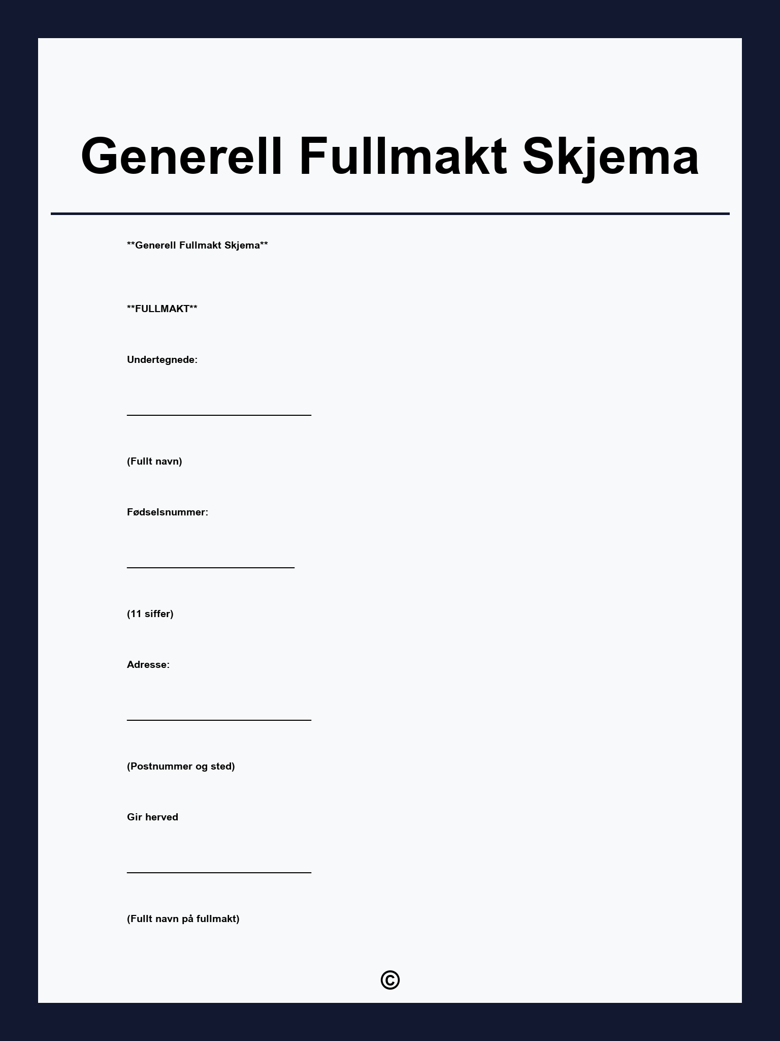 Generell Fullmakt Skjema